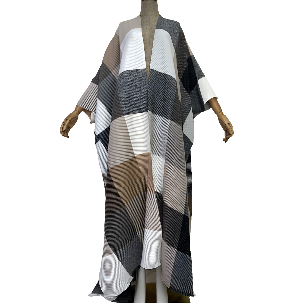 Oversized Plaid/ Colorblock Print Cotton Pleated Kimono Cardigan Kaftan Sweater Dress