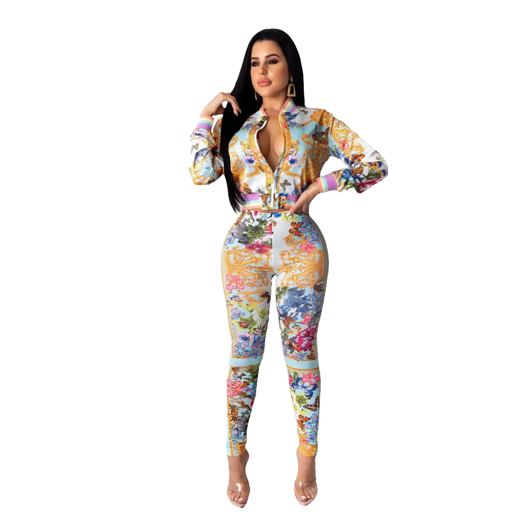 Floral Baroque Pastel Paisley Long Sleeve Blouse + Bodycon Leggings Women's 2-Piece Set