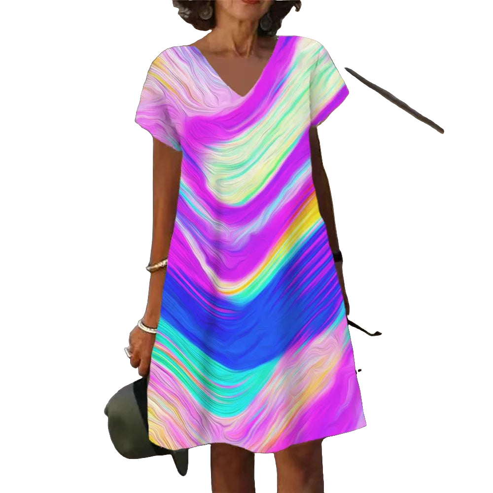 Abstract V-Neck Tie-Dye Rainbow Gradient Colorblock Splash Ink Paint Print A-Line Midi Dress to 6X