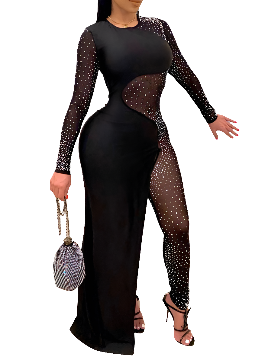 Mesh Rhinestone Irregular Long Sleeve Women's Skinny Jumpsuit