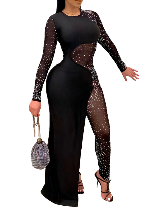 Mesh Rhinestone Irregular Long Sleeve Women's Skinny Jumpsuit