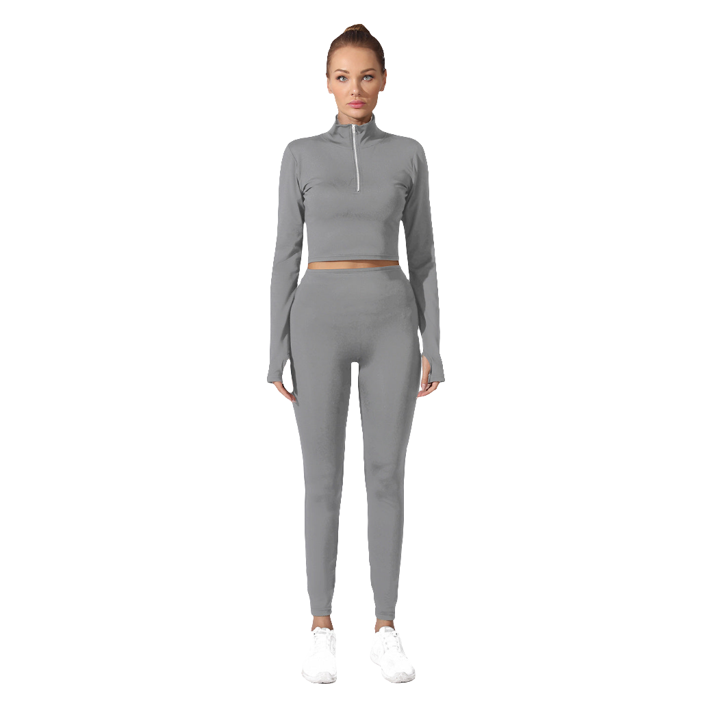 Women's Solid Color Long Sleeve Zipper Pullover Top + Drawstring Leggings Yoga Tracksuit