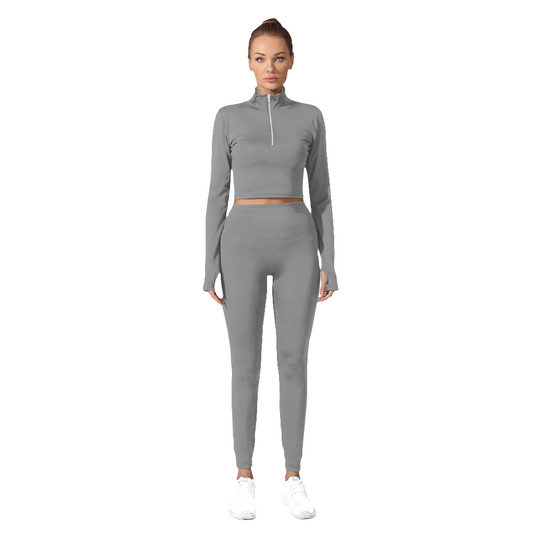 Women's Solid Color Long Sleeve Zipper Pullover Top + Drawstring Leggings Yoga Tracksuit