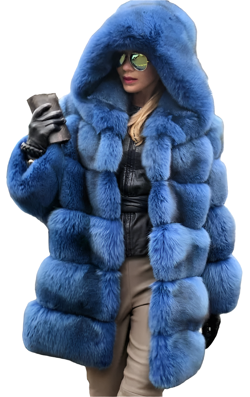 Hooded Ribbed Women's Solid Color Winter Faux Fur Genuine Leather Coat