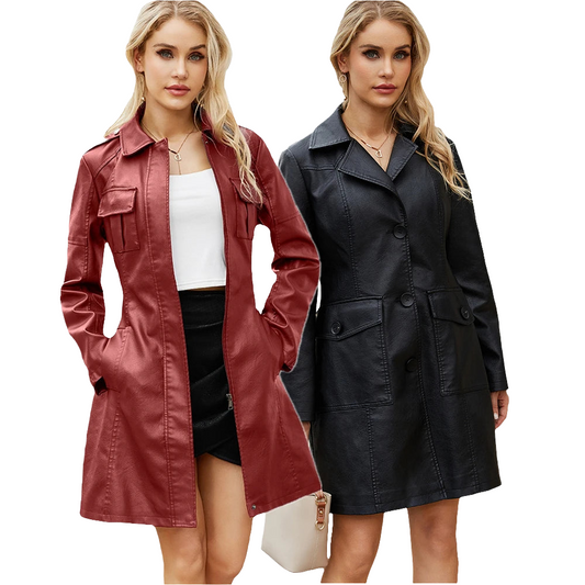 Faux Leather Pocket Detail Button Front Women's Long Sleeve 3/4 Length Turn-Down Collar Jacket