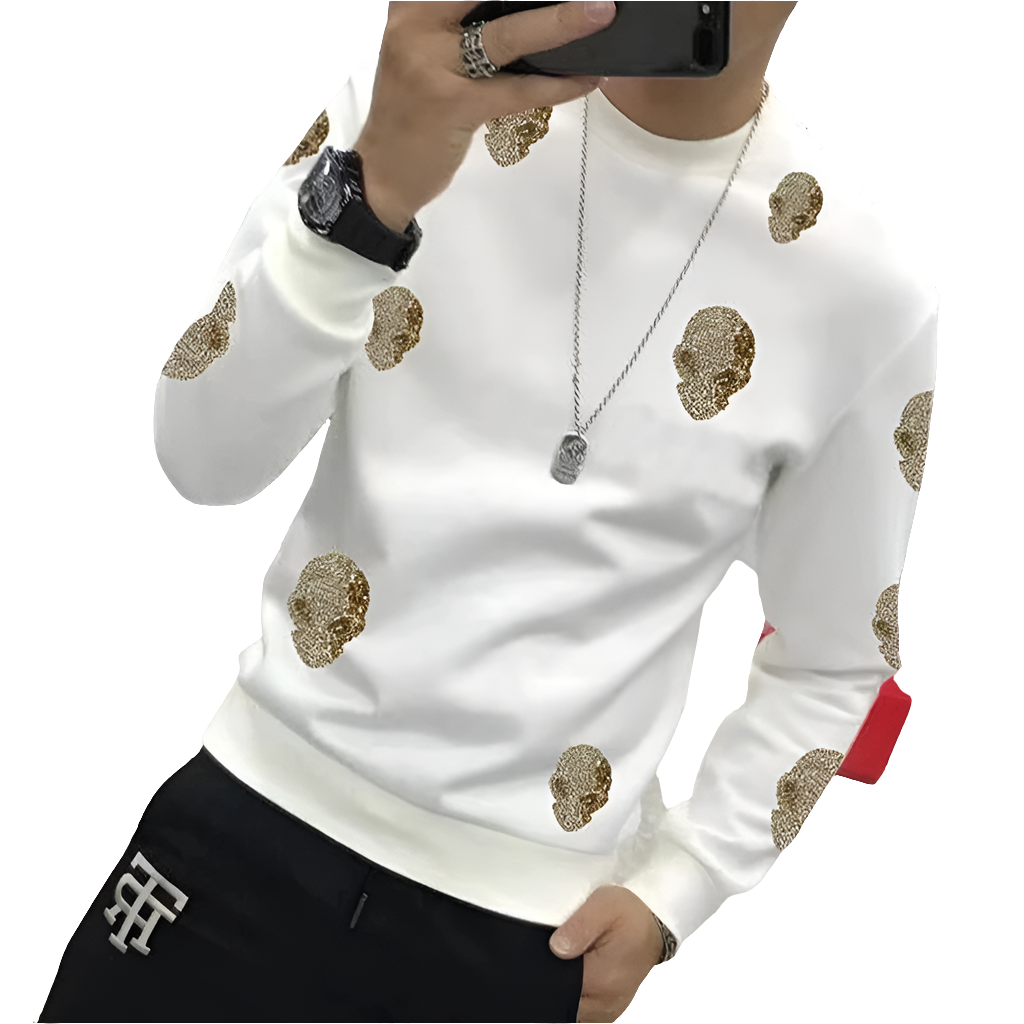 Men's Rhinestone Skull Print Pullover Long Sleeve Round Neck Fleece Sweatshirt
