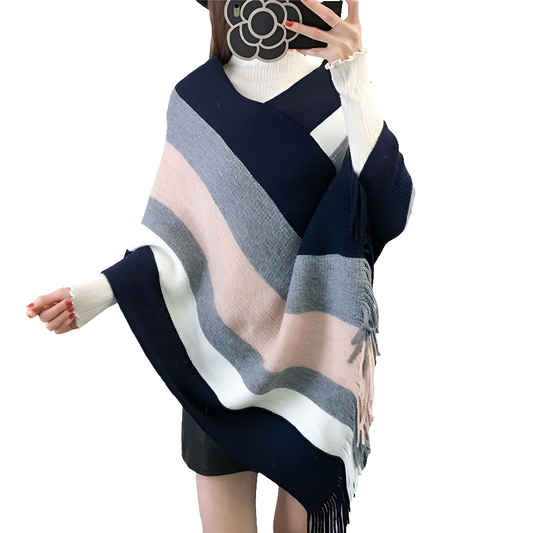 Striped Plaid Blanket Knit Wrap Cashmere Poncho Shawl