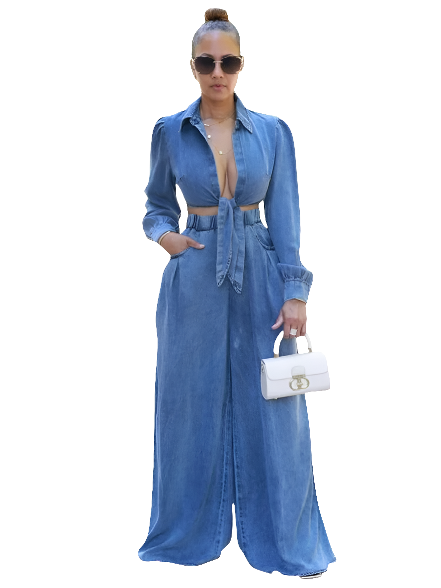 Denim Lace-Up Women's Long Sleeve Crop Jean Top + Elastic Waist Wide Leg Jeans 2-Piece Set