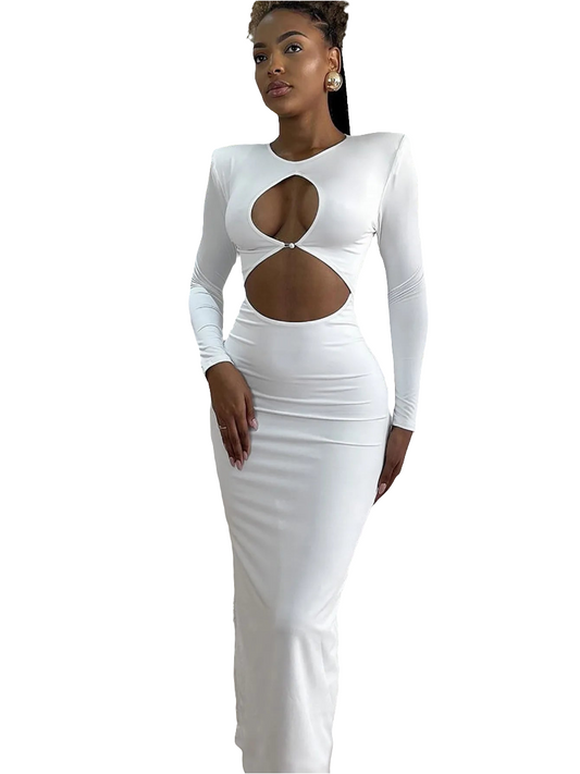 Solid Long Sleeve O-Neck Hollow-Out Bodycon Maxi Party Dress