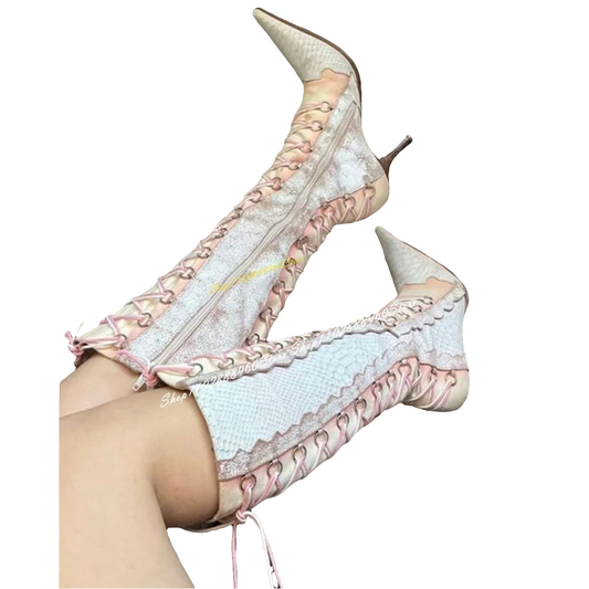 Lace-Up Stiletto Heel Women's Side Zipper Pointed Toe Boots