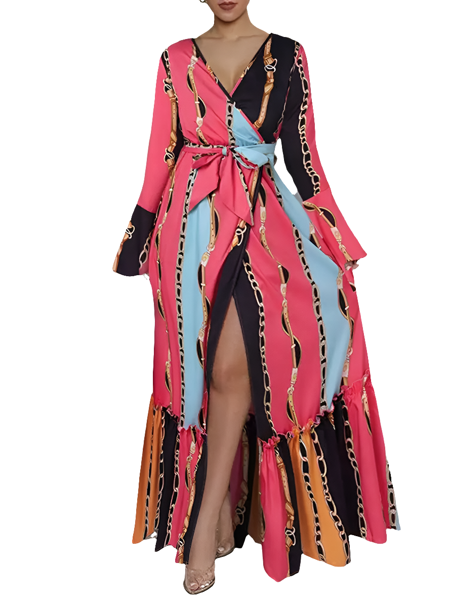 Bohemian Colorblock Striped Printed Long Sleeve Ruffled Belted High Slit Maxi Dress to 5X Plus Size