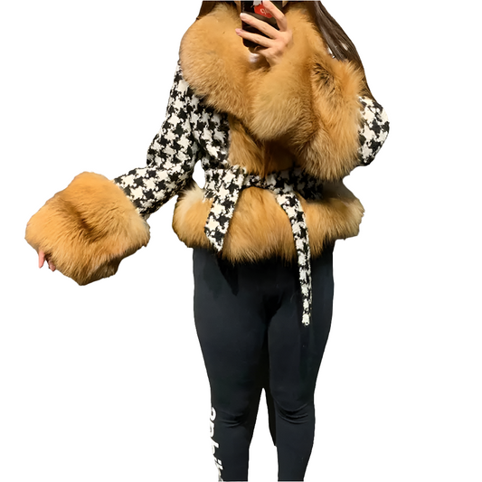 Faux Fur Collar Women's Houndstooth Jacket w/ Sash Belt