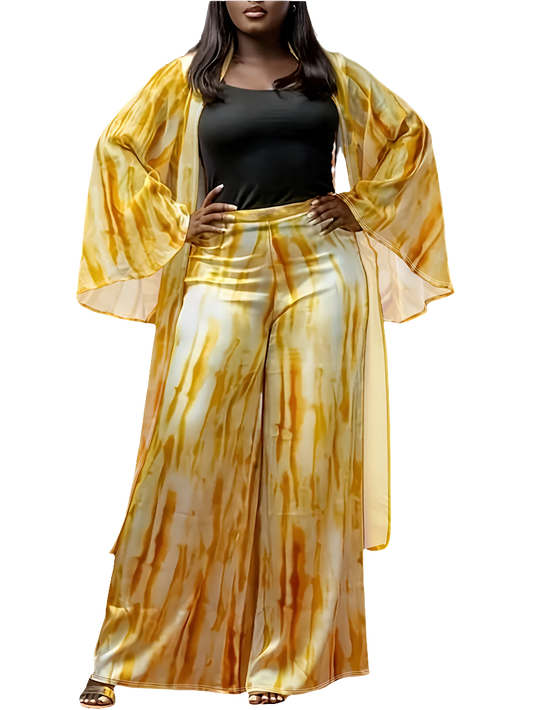 Yellow/White/Brown Loose Open Blouse + Wide Leg Pants 2-Piece Set to 5X Plus Size