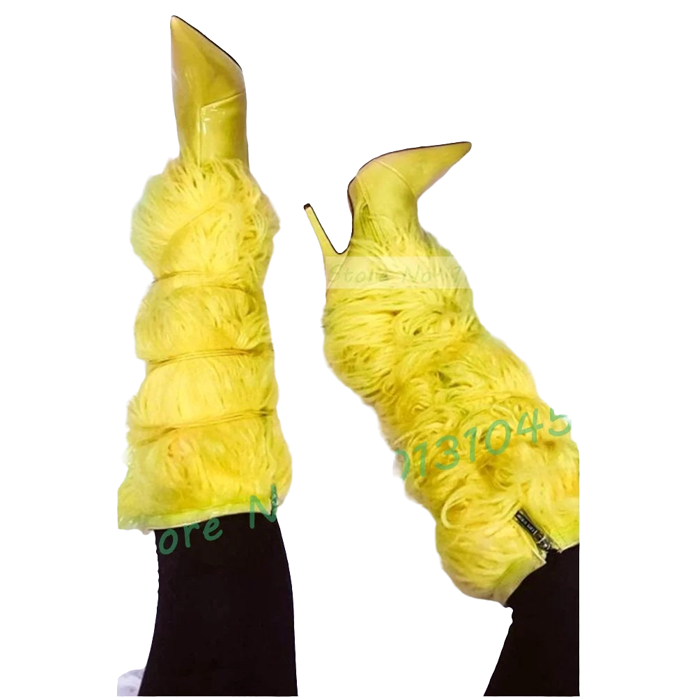 Yellow Glossy Patent Leather Curly Faux Fur Women's Pointed Toe Crosstied Knee-High Boots