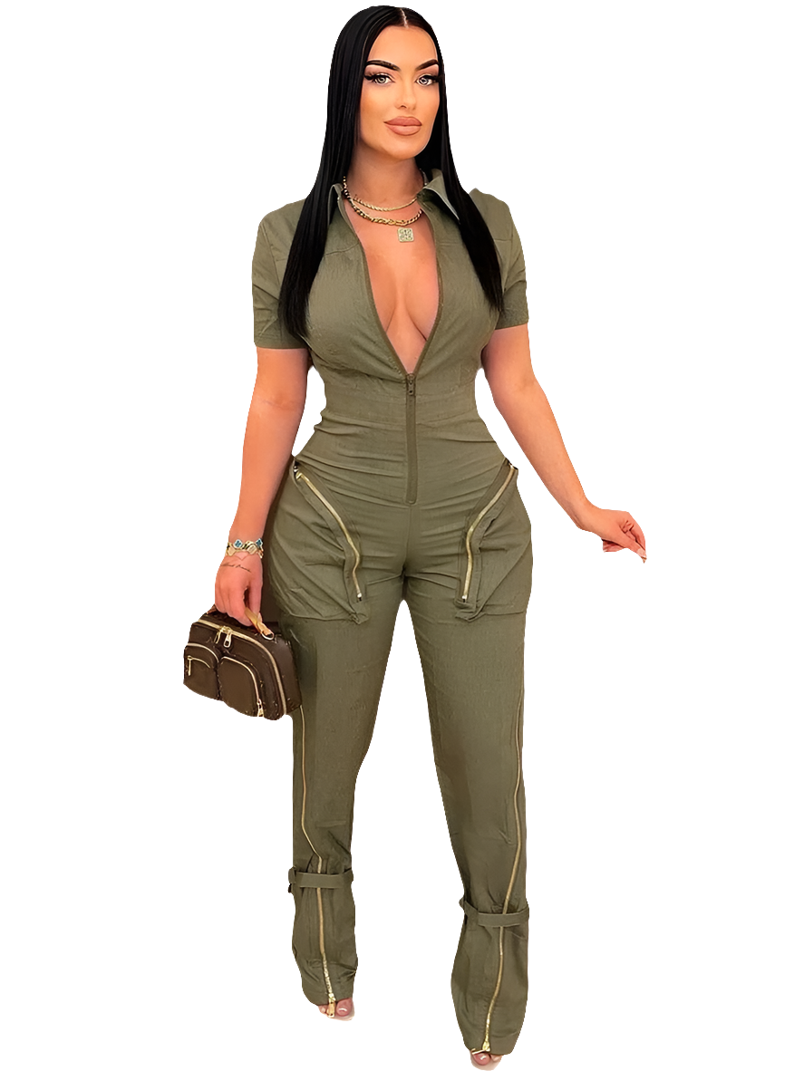 Patchwork Deep V-Neck Zipper Short Sleeve Pocket Women's Cargo Overall Streetwear Jumpsuit