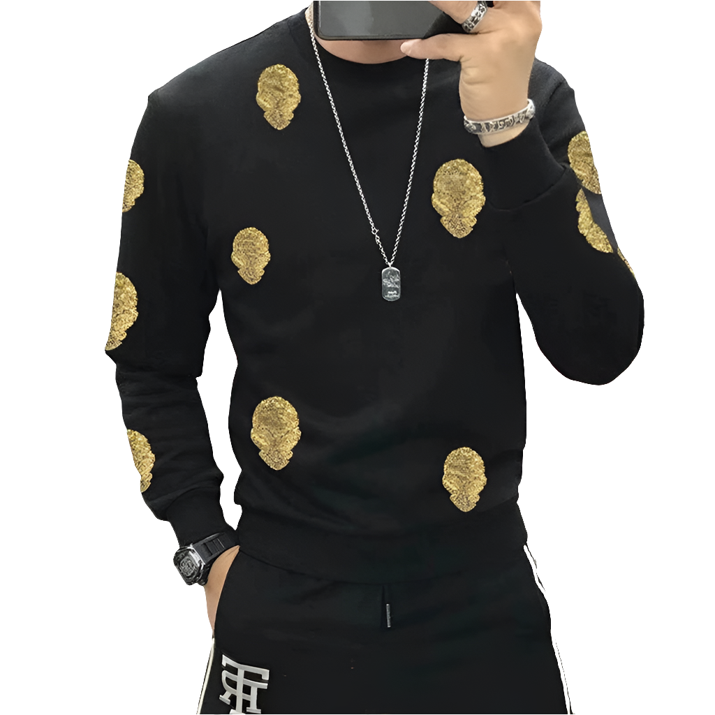 Men's Rhinestone Skull Print Pullover Long Sleeve Round Neck Fleece Sweatshirt
