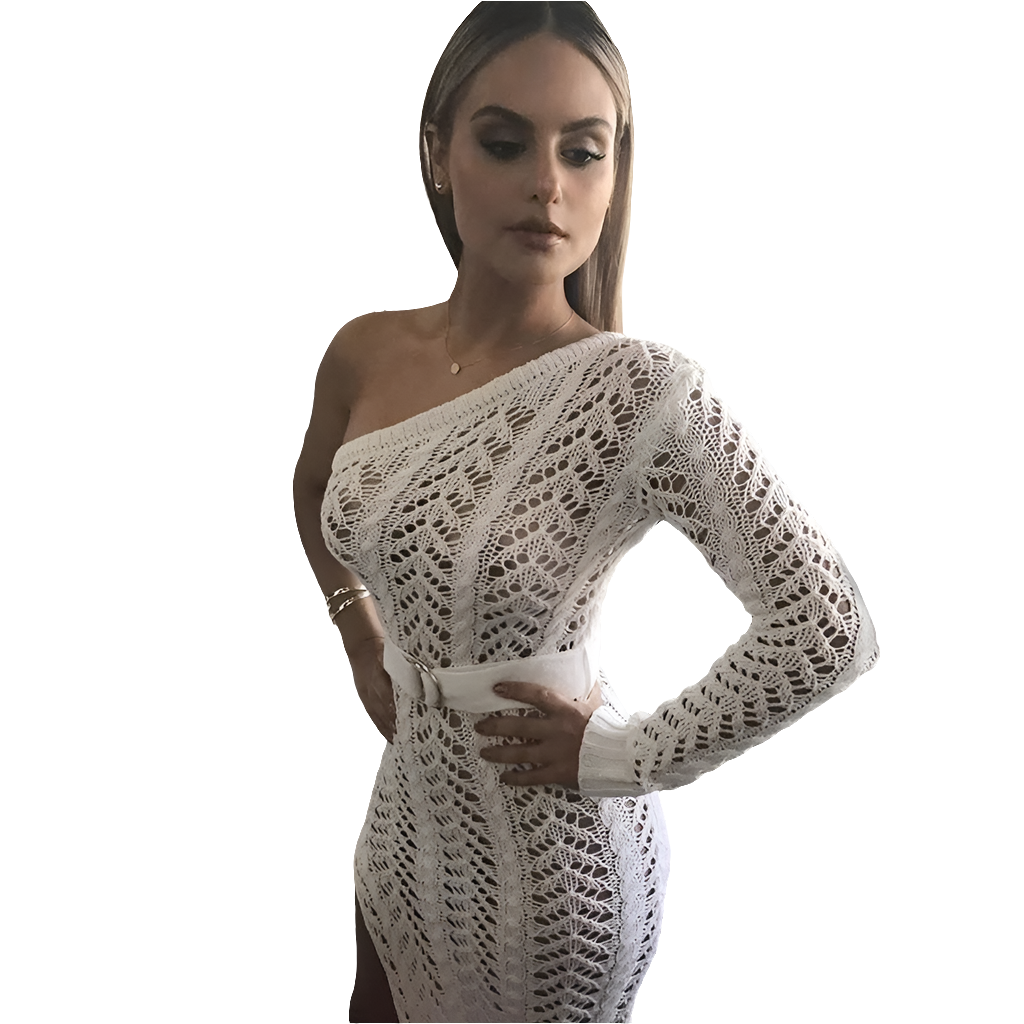 White Knitted Asymmetrical One Shoulder Hollow-Out High Slit Club/Party Maxi Dress