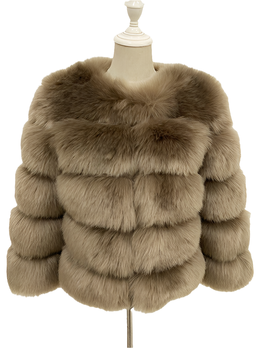 Vintage Solid Faux Mink Fur Ribbed O-Neck Patchwork Women's Jacket to 3X Plus Size