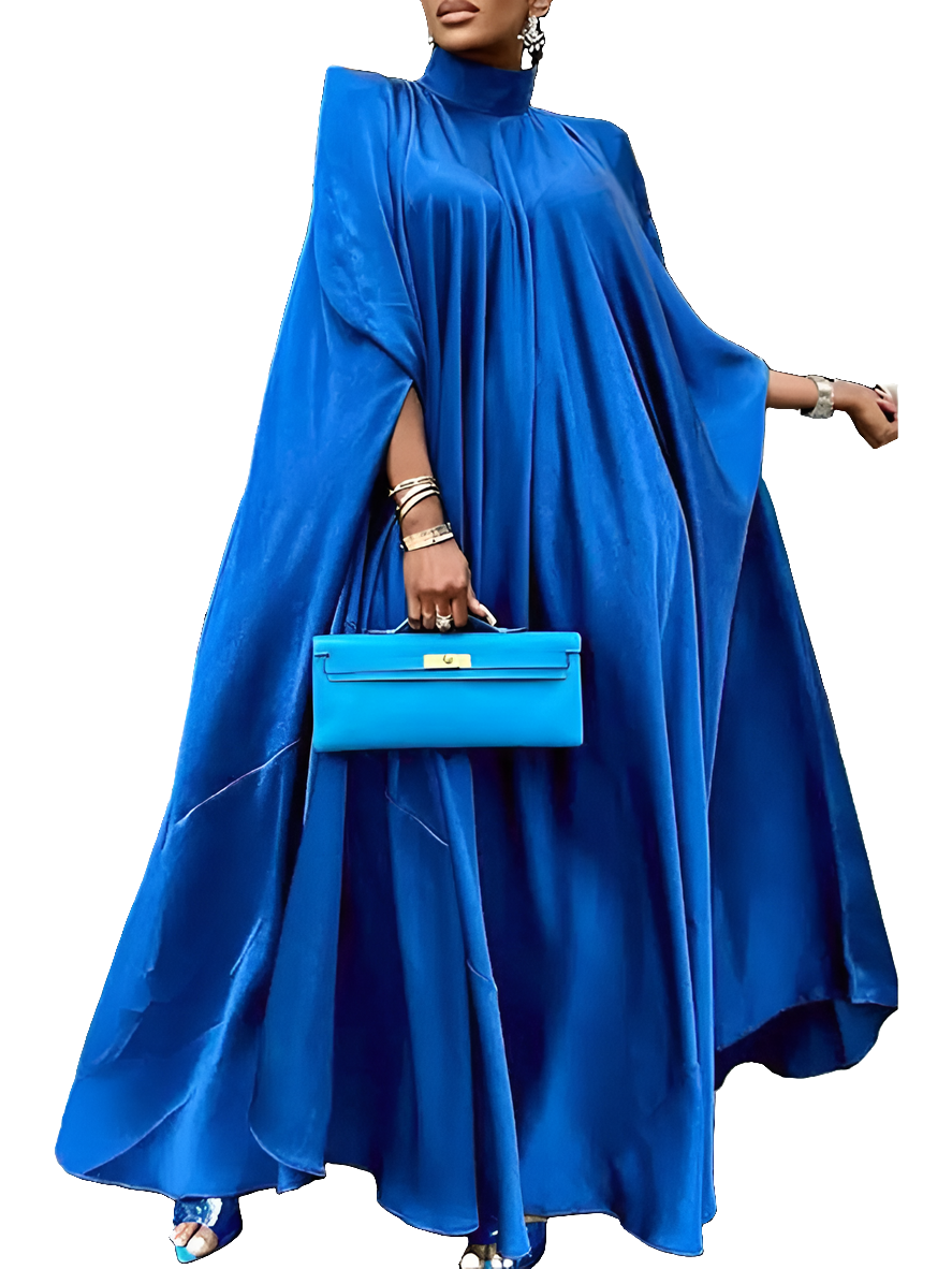 Satin Oversized Solid Pleated Stand Collar Long Batwing Sleeve Formal Maxi Sundress