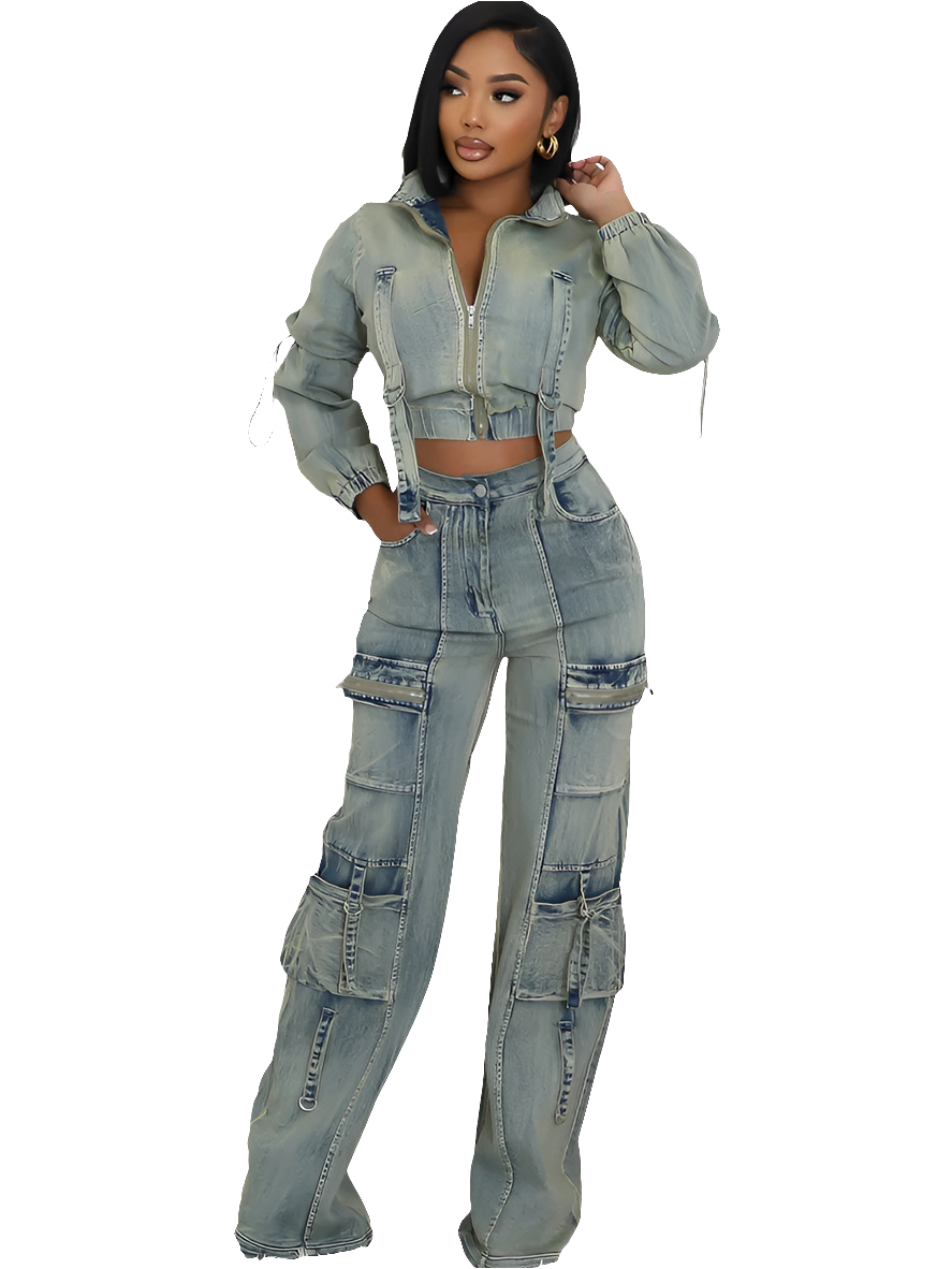 Stretch Denim Cropped Long Sleeve Strap Design Skinny Jean Jacket + Streetwear Cargo Pocket Jeans 2-Piece Set