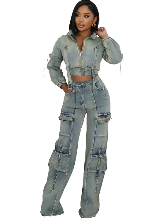 Stretch Denim Cropped Long Sleeve Strap Design Skinny Jean Jacket + Streetwear Cargo Pocket Jeans 2-Piece Set