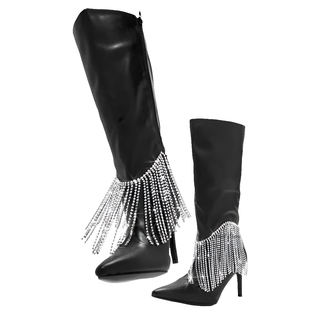 Denim/Leather Glitter Metallic Rhinestone Tassel Fringe Embellished Knee-High Pointed Toe Stiletto Western Cowgirl Boots