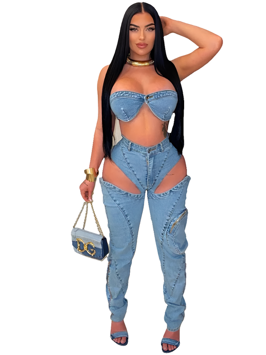 Denim Women's Strapless Tube Top + Hollow-Out Slit Jeans Pants 2-Piece Set