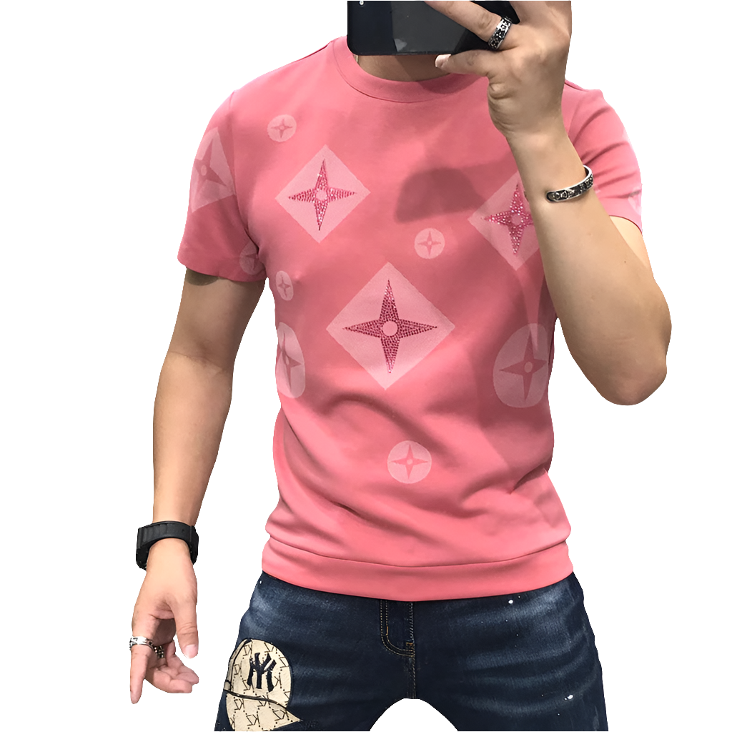 Men's Knitted Designer Monogram Star Print O-Neck Short Sleeve T-Shirt