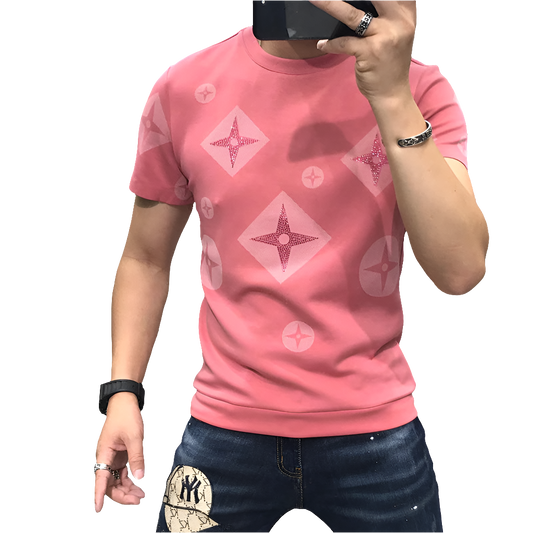 Men's Knitted Designer Monogram Star Print O-Neck Short Sleeve T-Shirt