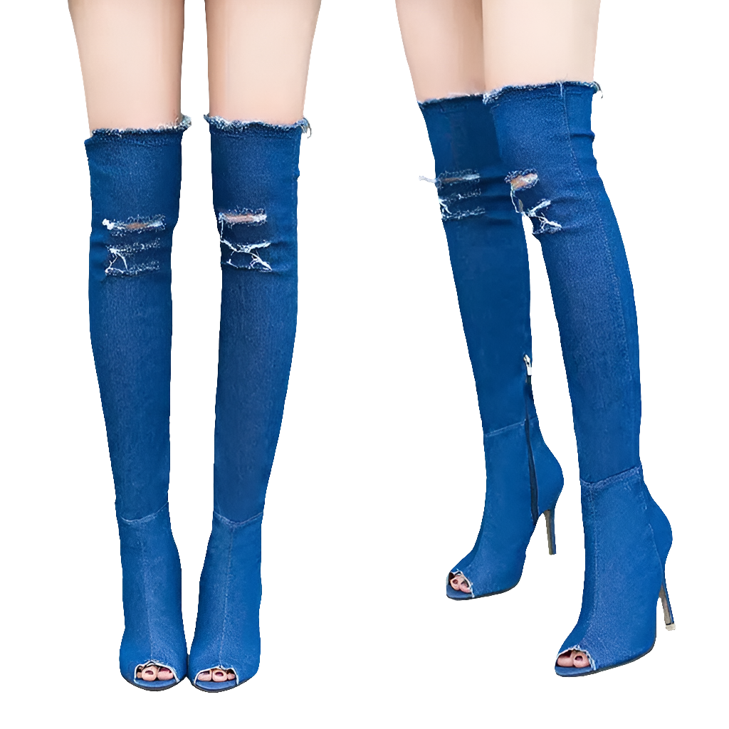 Denim Washed Ripped Solid Color Open Toe Elastic Knee-High Jean Zipper Boots