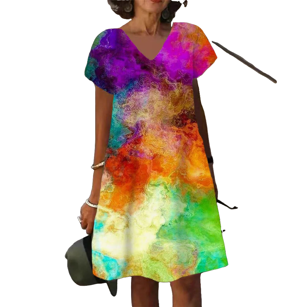 Abstract V-Neck Tie-Dye Rainbow Gradient Colorblock Splash Ink Paint Print A-Line Midi Dress to 6X