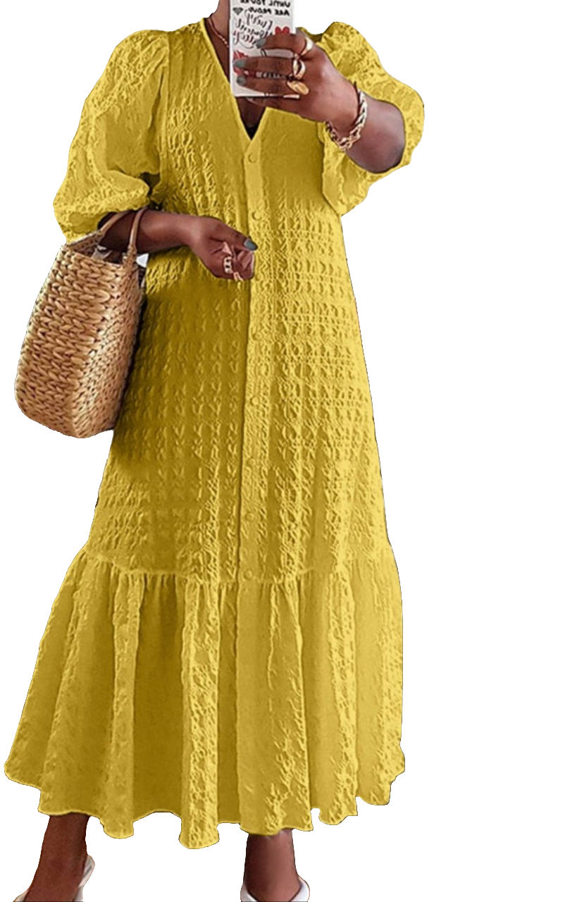 Solid Ruffled Hem Bohemian Button-Up V-Neck Puff 1/2 Sleeve Maxi Shirt Dress to 5X