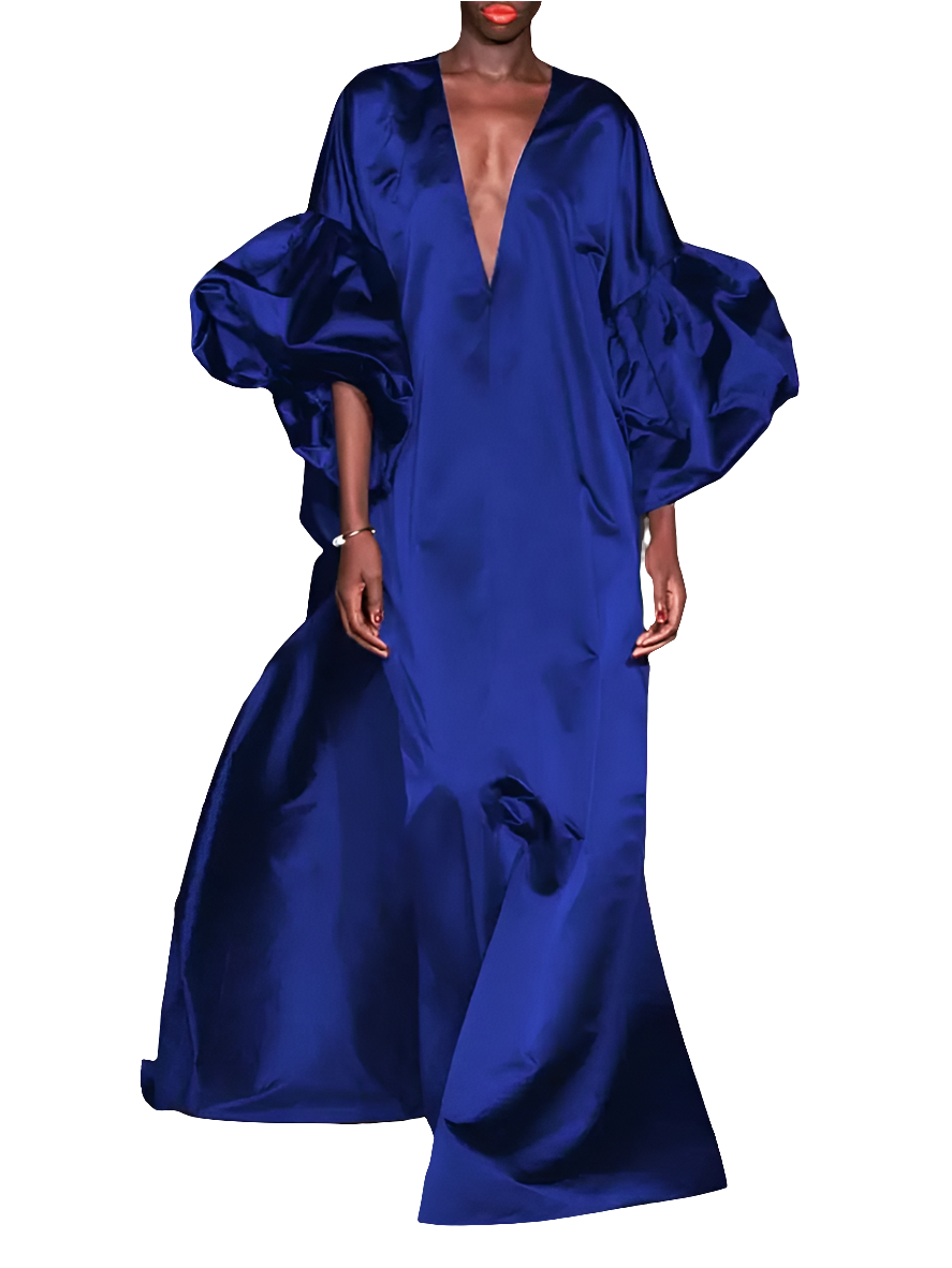 Satin Puff Lantern Sleeve Solid Color Loose Deep V-Neck Bohmeian Maxi Formal Oversized Party Dress to 5X Plus Size