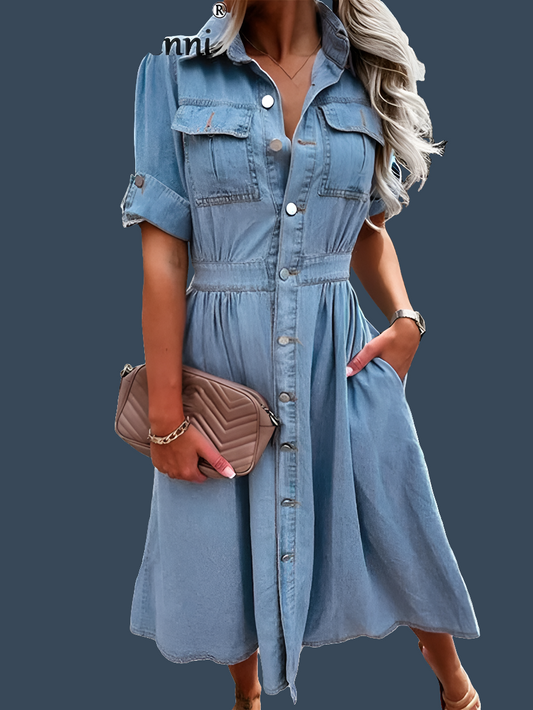 Denim Vintage Short Sleeve Double Pocket Decor Flared Maxi Plus Size Jean Dress to 3X