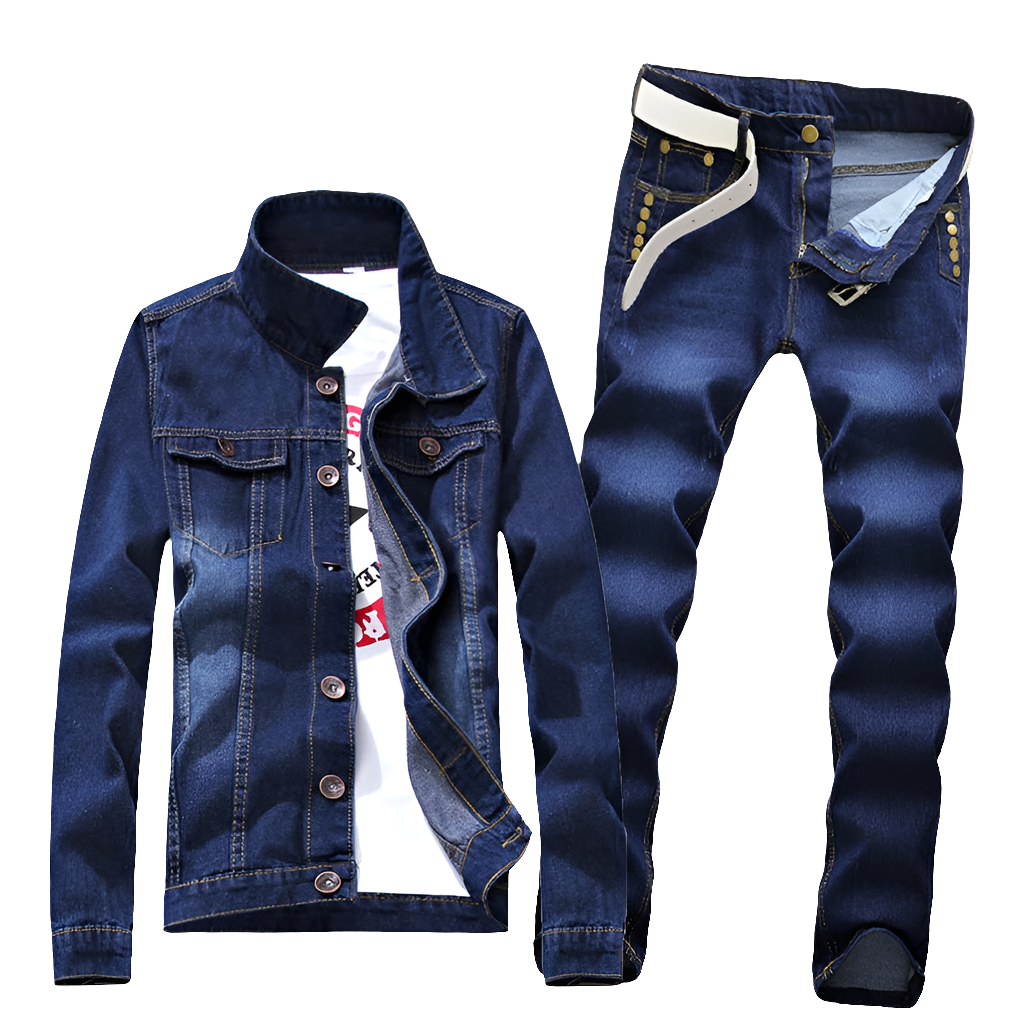 Men's Denim Slim Fit Long Sleeve Jean Jacket + Ruched Skinny Jeans 2-Piece Set