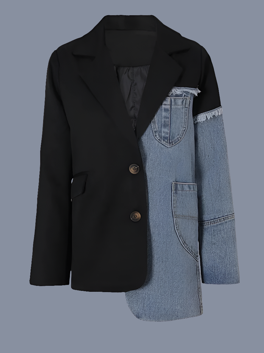 Blue/Black Denim Patchwork Colorblock Long Sleeve Women's Blazer Jacket