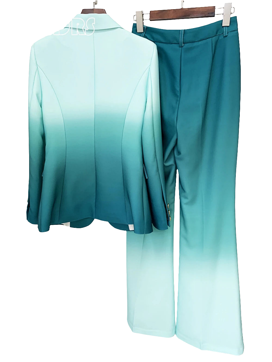 Gradient Colorblock Skinny Notched Women's Single Button Blazer Jacket + Flared Leg Pants Formal Suit