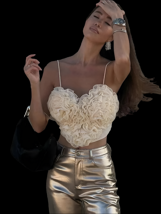 Floral Heart Embroidered Spaghetti Strap Cropped Sleeveless Tank Top