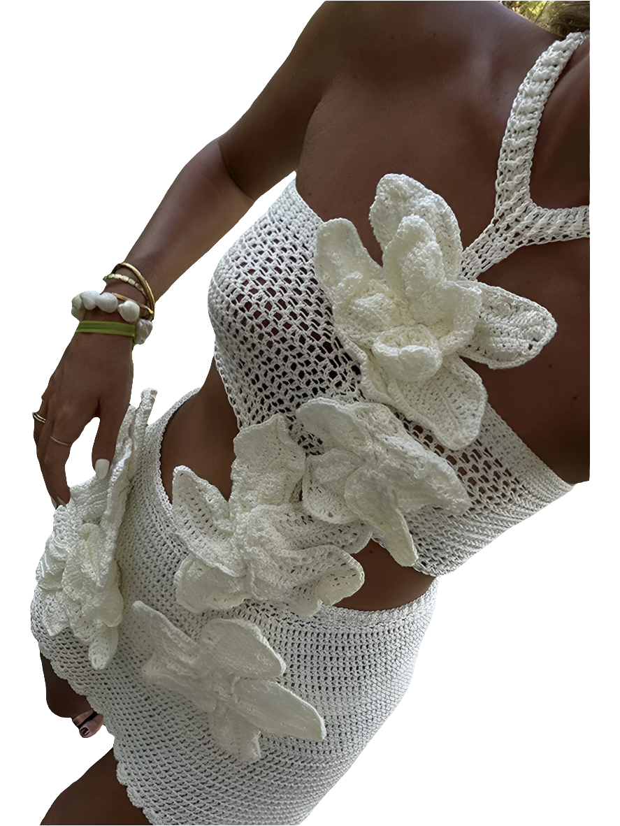 Knitted Crochet 3D Flower Embroidered Hollow-Out Sleeveless Halter Mini Dress