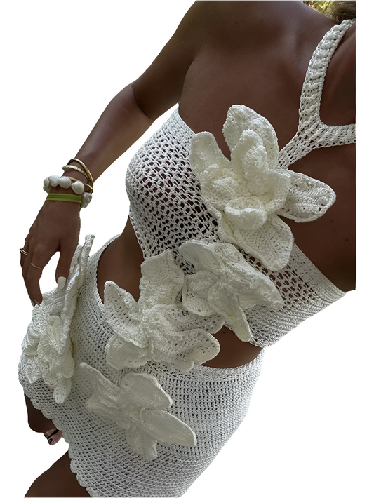 Knitted Crochet 3D Flower Embroidered Hollow-Out Sleeveless Halter Mini Dress