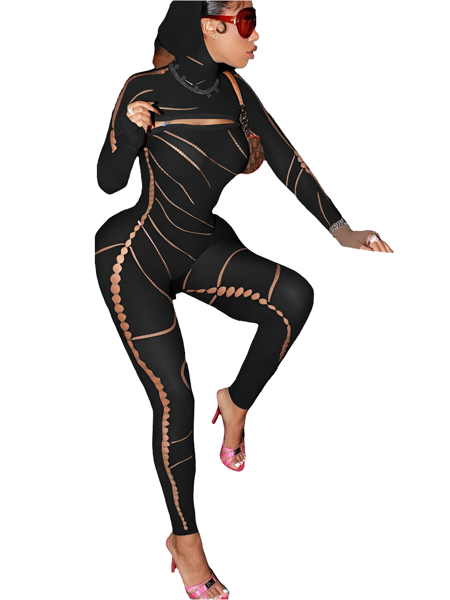 Hooded Mesh Transparent Hollow-Out Irregular Fitness Stretch Workout Women's Jumpsuit