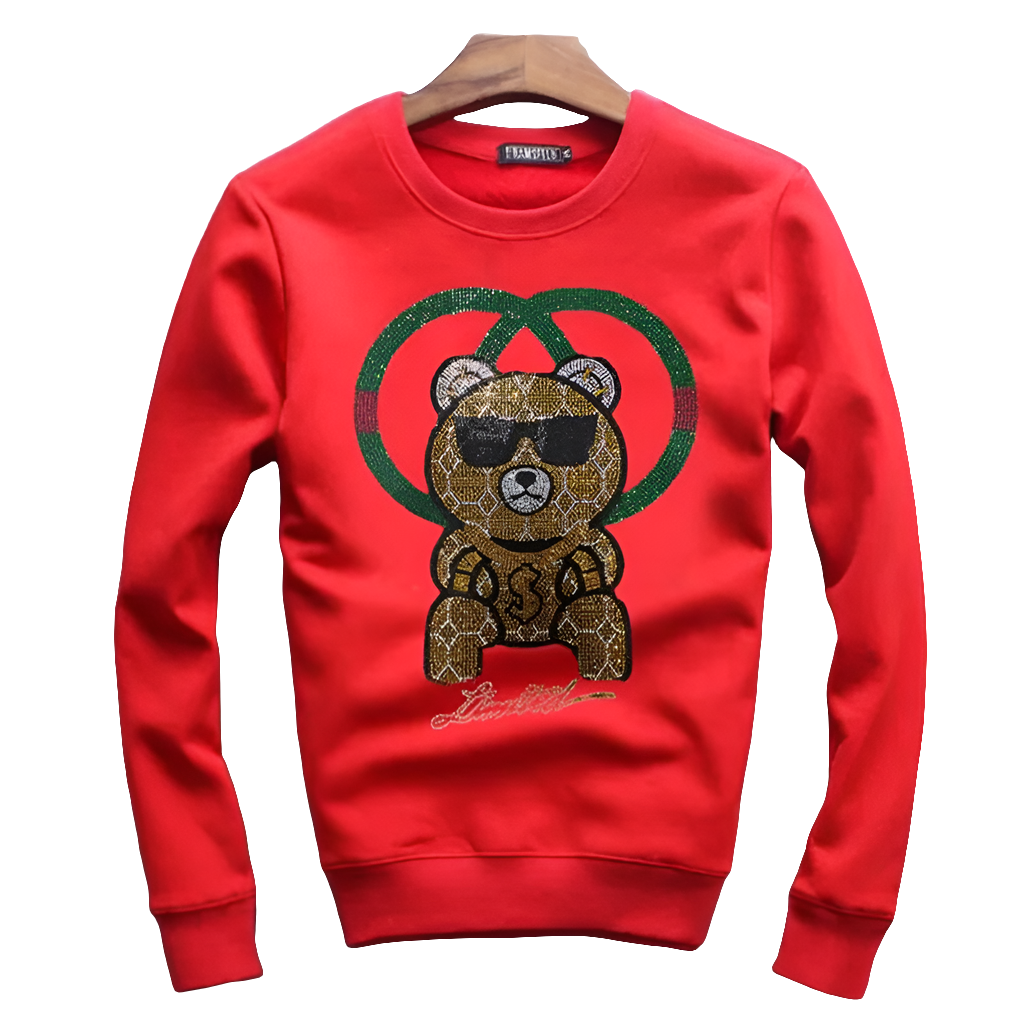 Men's Rhinestone Teddy Bear Ring Design Long Sleeve O-Neck Sweatshirt