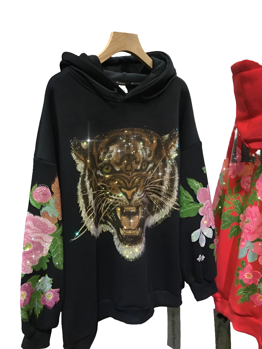 Sparkling 3D Rhinestone Fleece Padded Women's Leopard Tiger Hoodie Sweatshirt