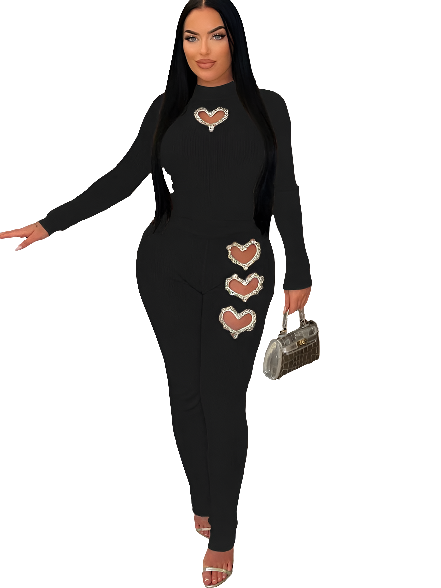 Cut-Out Rhinestone Crystal Sequin Heart Design Women's Ribbed Long Sleeve Top + Matching Leggings 2-Piece Set