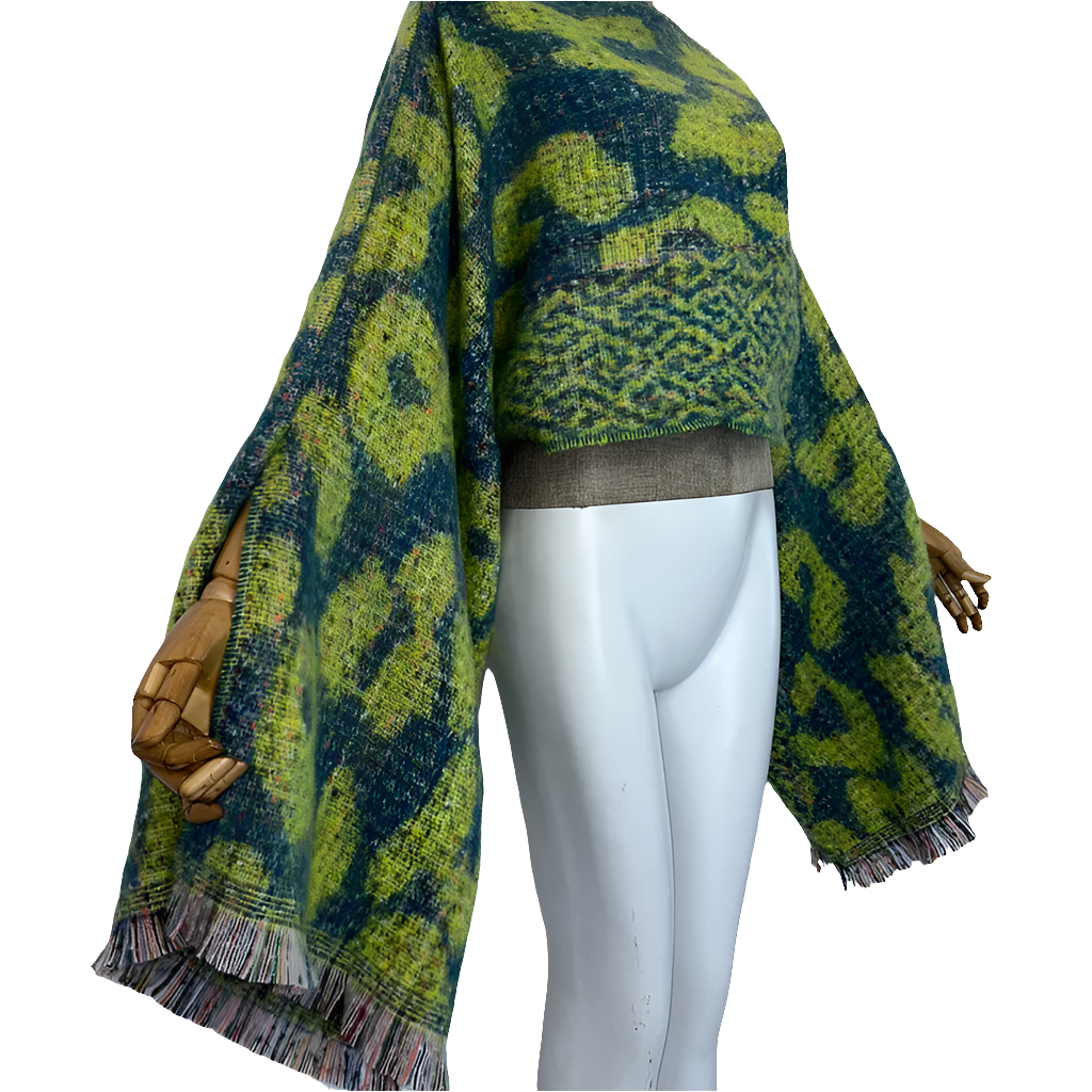 Knitted Green/Blue Leopard Long Sleeve Women's Maxi Cloak Poncho Sweater