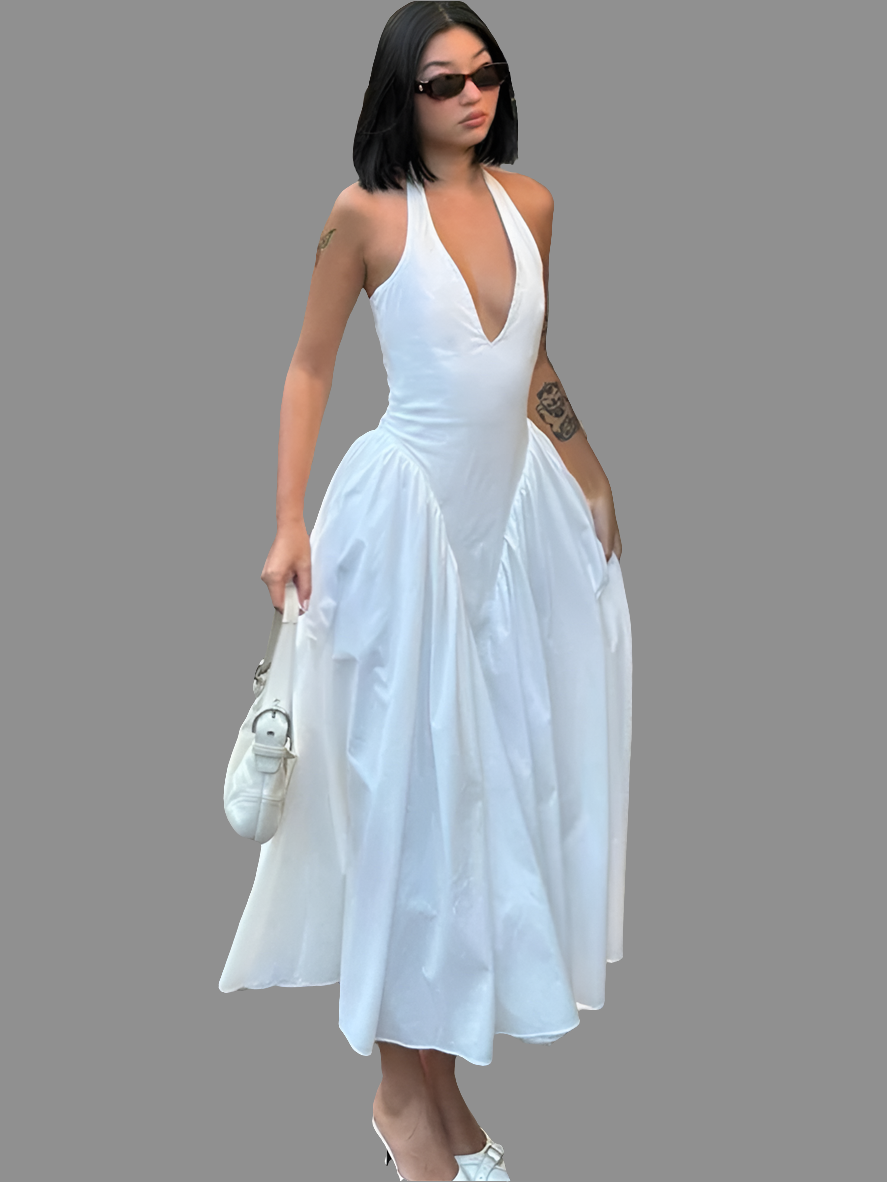 Sleeveless Halter Backless Deep V-Neck Solid Color Big Swing Maxi Dress