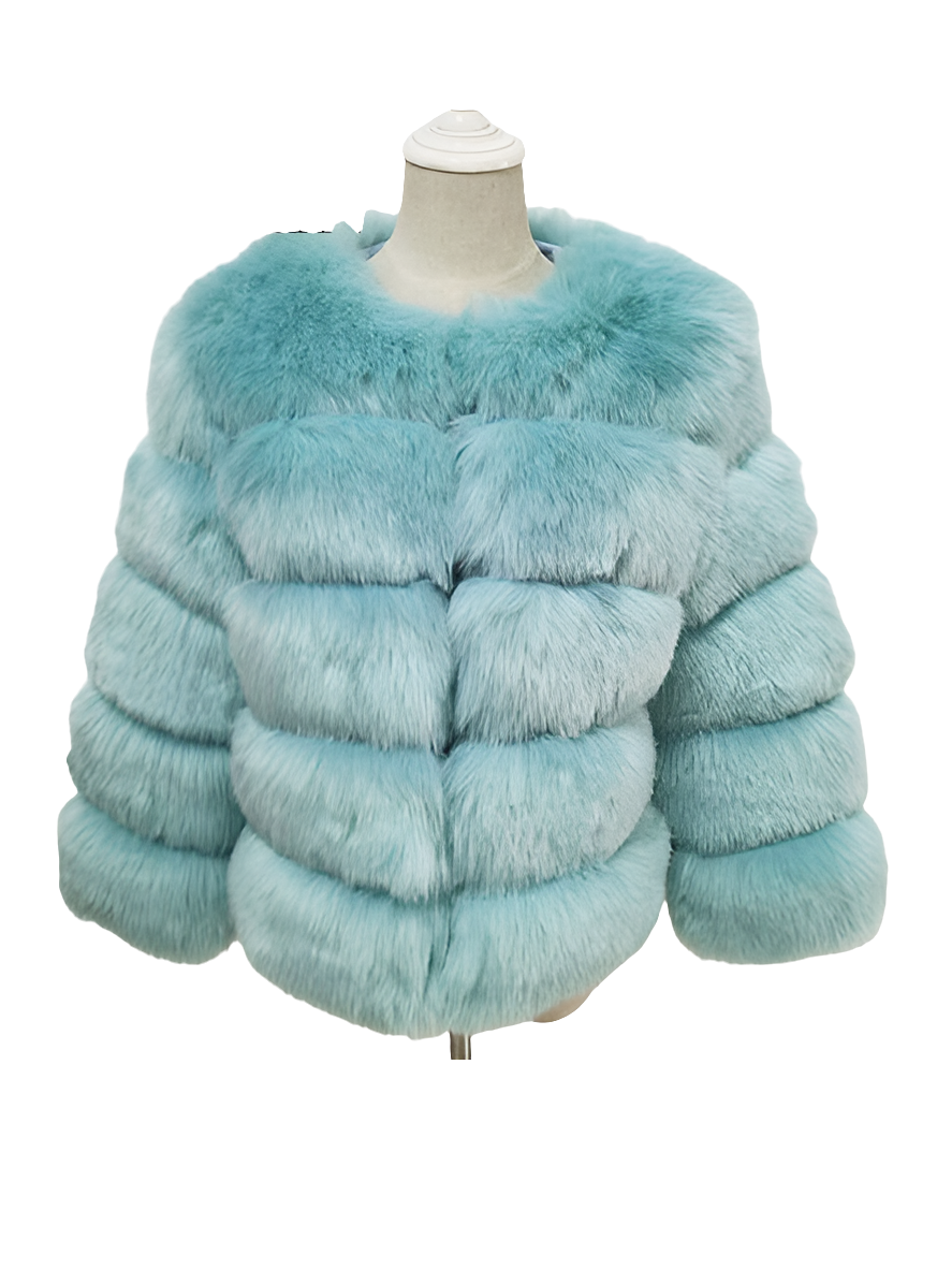 Vintage Solid Faux Mink Fur Ribbed O-Neck Patchwork Women's Jacket to 3X Plus Size