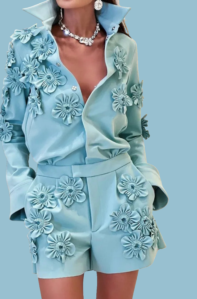 Baby Blue Flower Embellished Long Sleeve Turn-Down Collar High Waist Shorts Romper