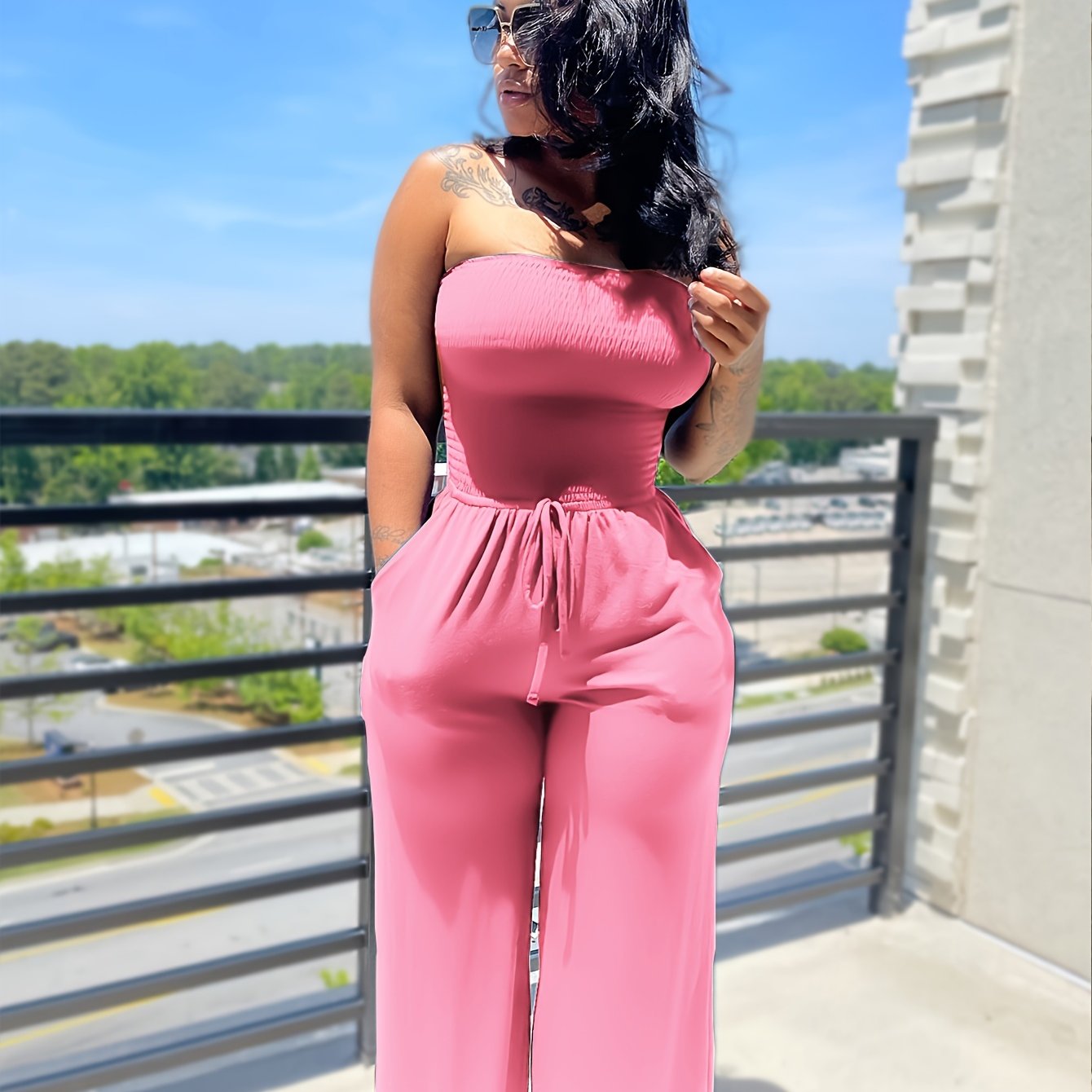 Sleeveless Waffle Pattern Solid Color Sash Belted Women's Tube Top Jumpsuit