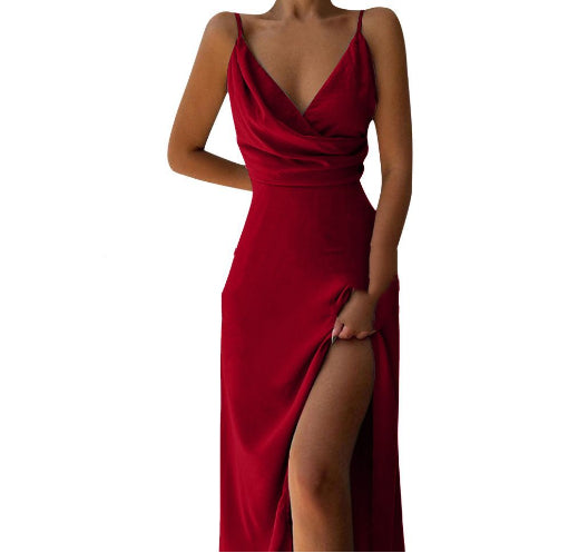 Sleeveless V-Neck Solid Color High Slit Sling Maxi Dress